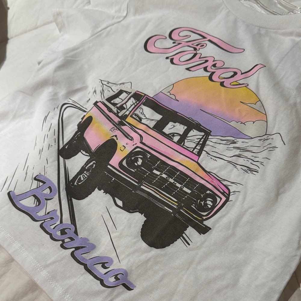 Ford White Crop Top with Pink & Purple Bronco Graphic